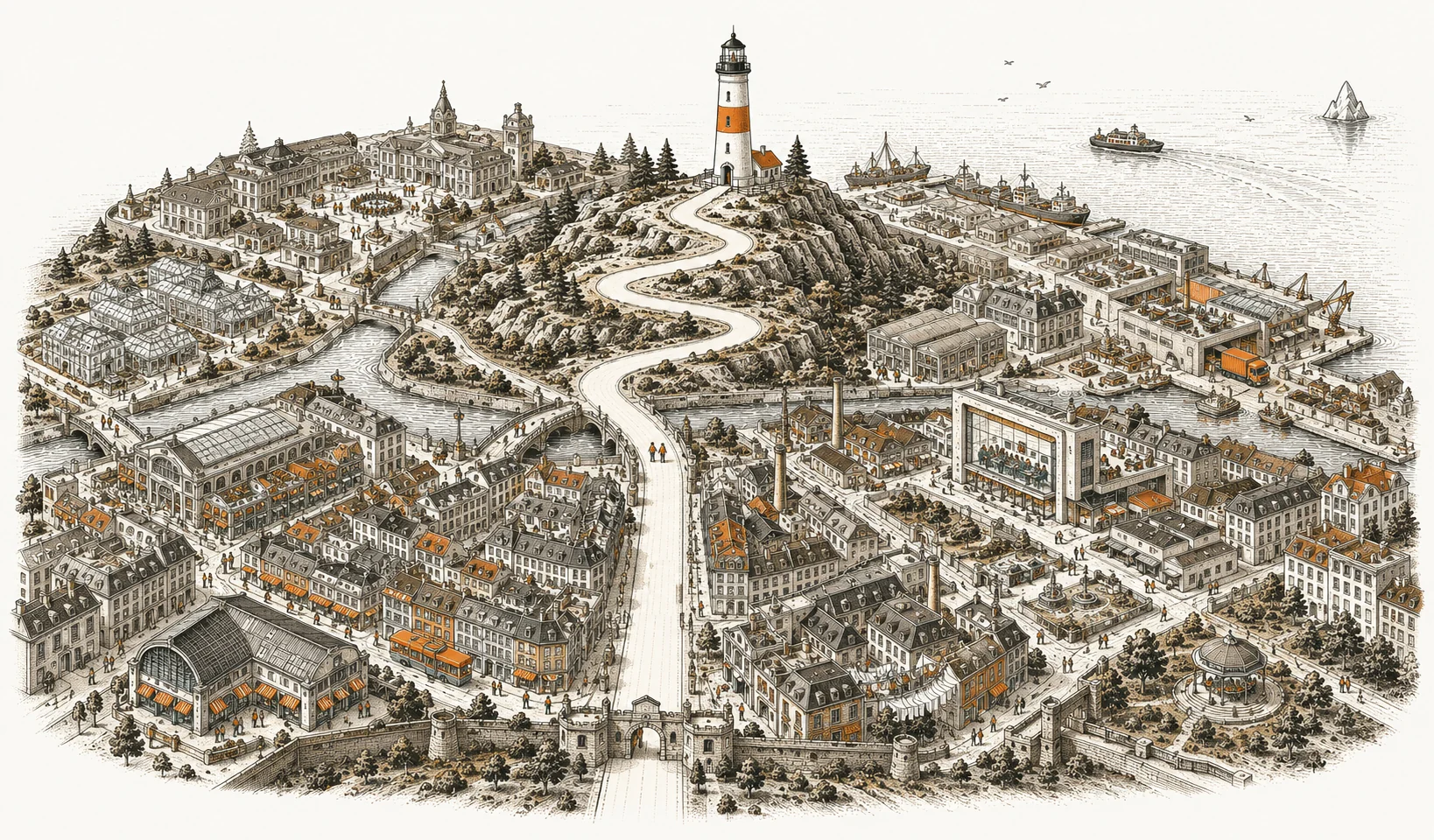 Drawn aerial panorama of a coastal city with a lighthouse at its center