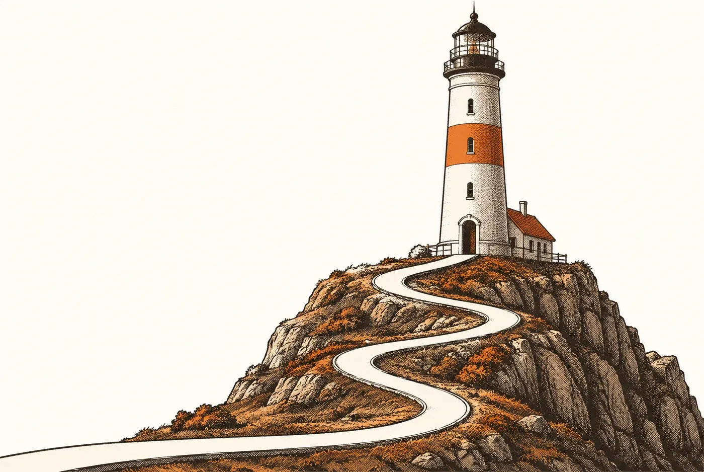 Halftone illustration of a lighthouse on a cliff, a winding road climbing to its door