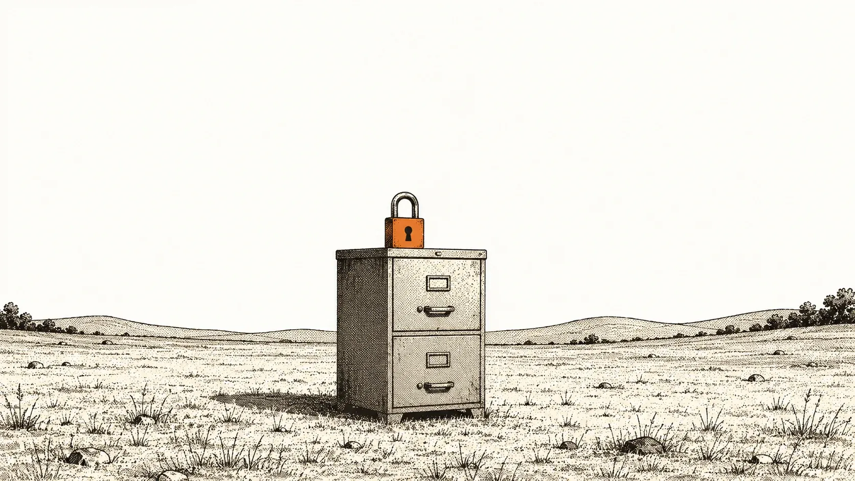 Halftone illustration of a locked filing cabinet standing alone in an open field